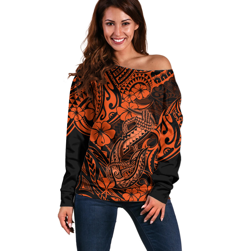 Hawaii Fish Hook Off Shoulder Sweater Polynesian Pattern Orange Version LT01 Women Orange - Polynesian Pride