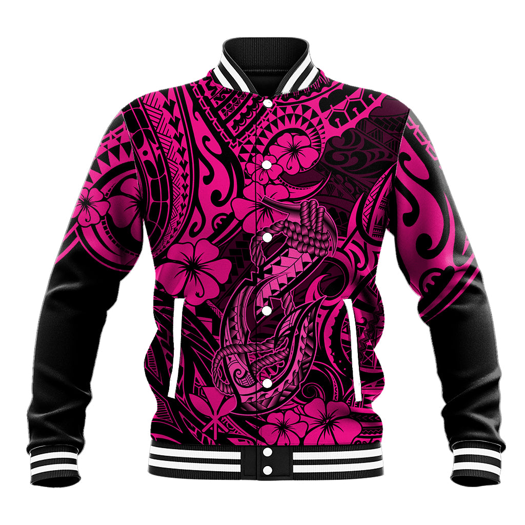 Hawaii Fish Hook Baseball Jacket Hibiscus Hawaii Tribal Tattoo Pink Version LT01 Unisex Pink - Polynesian Pride