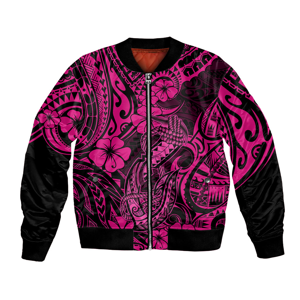 Hawaii Fish Hook Bomber Jacket Hibiscus Hawaii Tribal Tattoo Pink Version LT01 Unisex Pink - Polynesian Pride