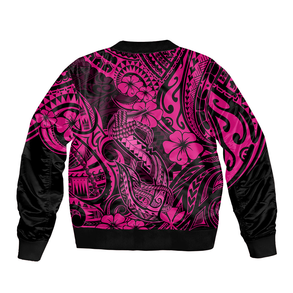 Hawaii Fish Hook Bomber Jacket Hibiscus Hawaii Tribal Tattoo Pink Version LT01 - Polynesian Pride