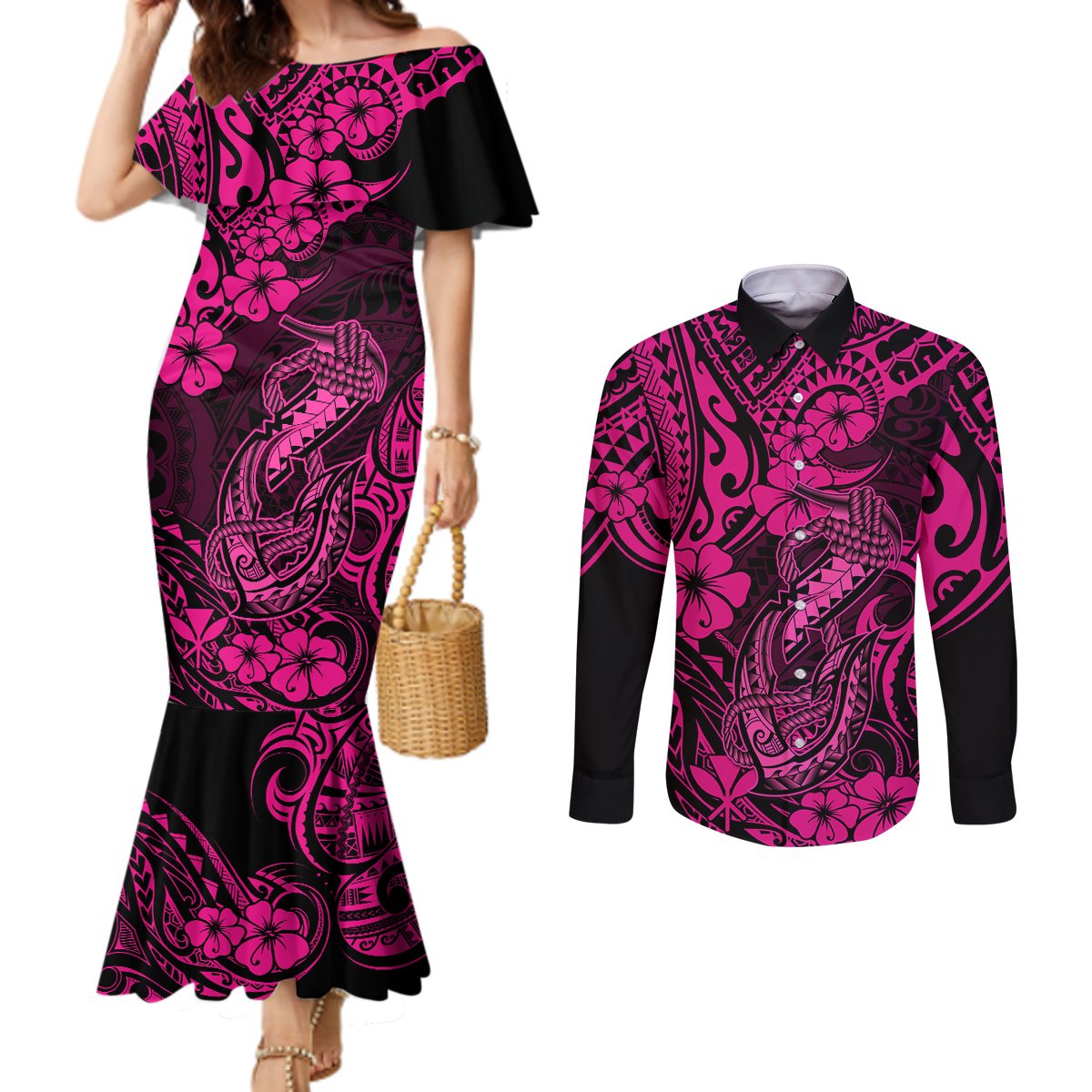 Hawaii Fish Hook Couples Matching Mermaid Dress and Long Sleeve Button Shirts Hibiscus Hawaii Tribal Tattoo Pink Version LT01 Pink - Polynesian Pride