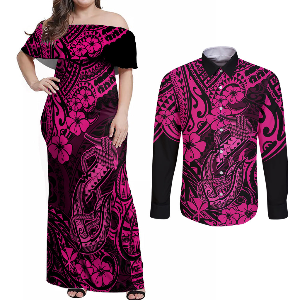 Hawaii Fish Hook Couples Matching Off Shoulder Maxi Dress and Long Sleeve Button Shirts Hibiscus Hawaii Tribal Tattoo Pink Version LT01 Pink - Polynesian Pride