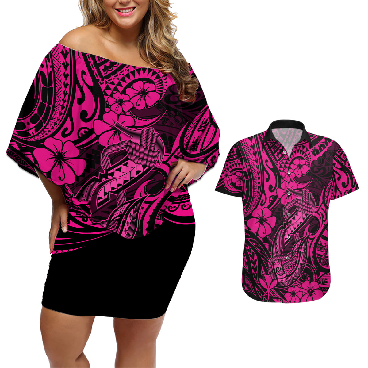 Hawaii Fish Hook Couples Matching Off Shoulder Short Dress and Hawaiian Shirt Hibiscus Hawaii Tribal Tattoo Pink Version LT01 Pink - Polynesian Pride