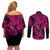 Hawaii Fish Hook Couples Matching Off Shoulder Short Dress and Long Sleeve Button Shirts Hibiscus Hawaii Tribal Tattoo Pink Version LT01 - Polynesian Pride
