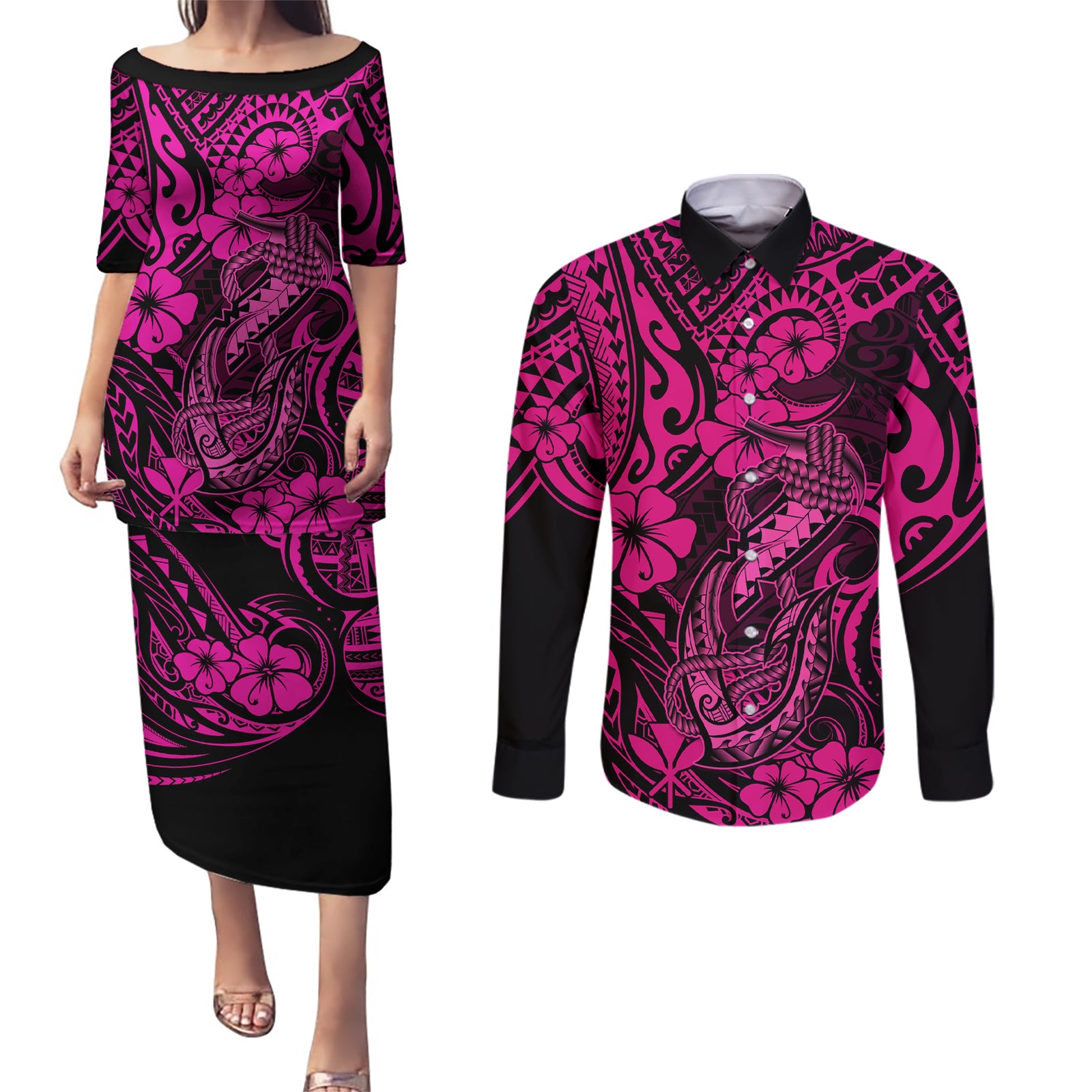Hawaii Fish Hook Couples Matching Puletasi Dress and Long Sleeve Button Shirts Hibiscus Hawaii Tribal Tattoo Pink Version LT01 Pink - Polynesian Pride