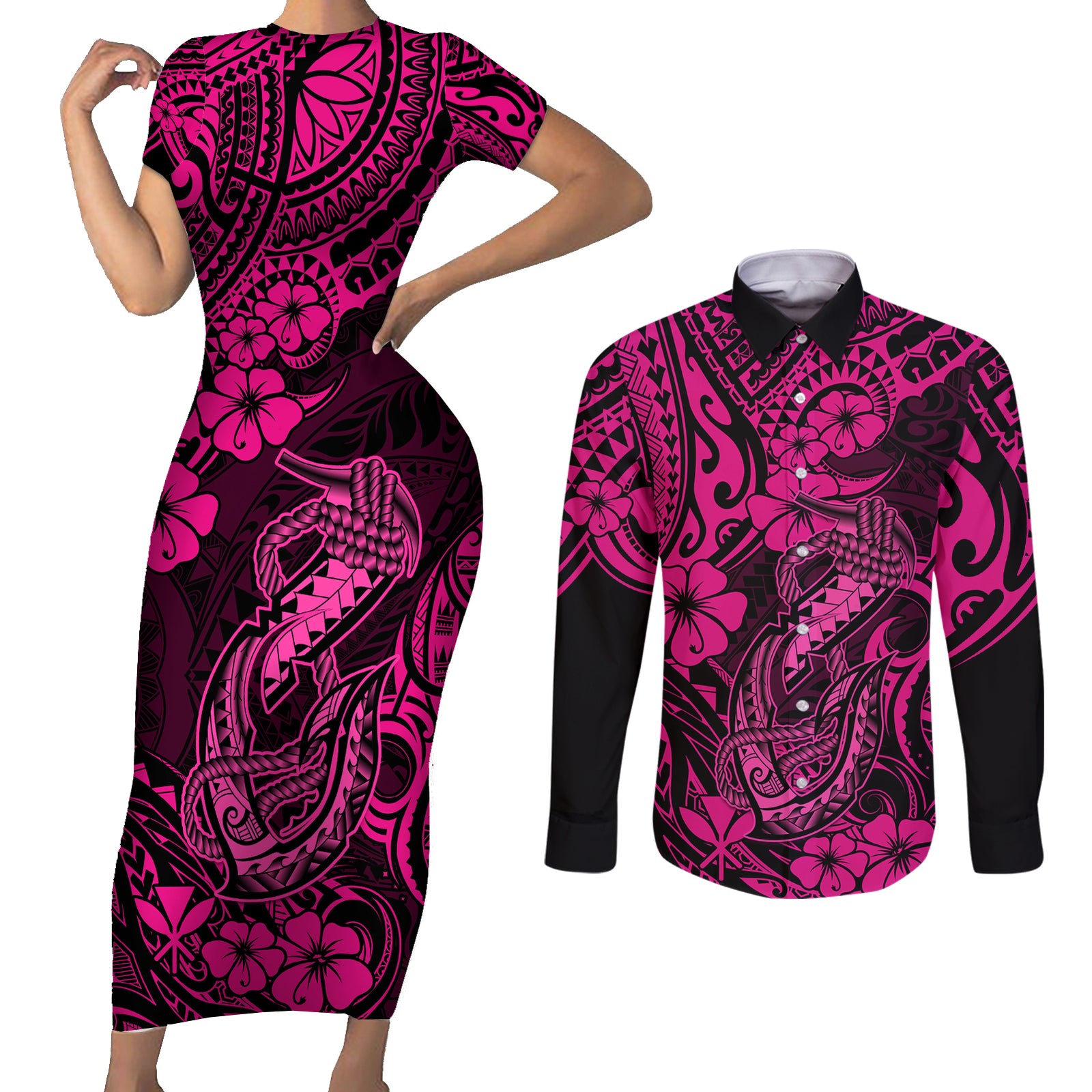Hawaii Fish Hook Couples Matching Short Sleeve Bodycon Dress and Long Sleeve Button Shirts Hibiscus Hawaii Tribal Tattoo Pink Version LT01 Pink - Polynesian Pride