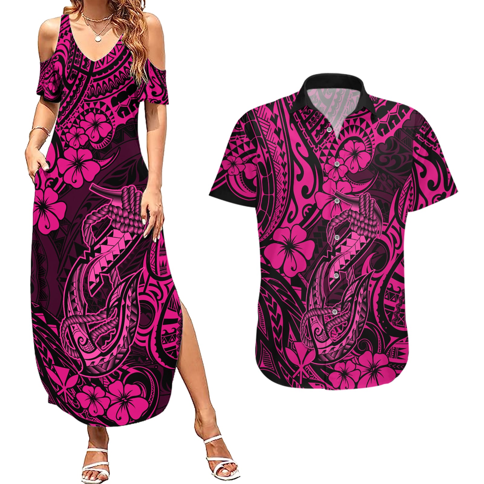 Hawaii Fish Hook Couples Matching Summer Maxi Dress and Hawaiian Shirt Hibiscus Hawaii Tribal Tattoo Pink Version LT01 Pink - Polynesian Pride