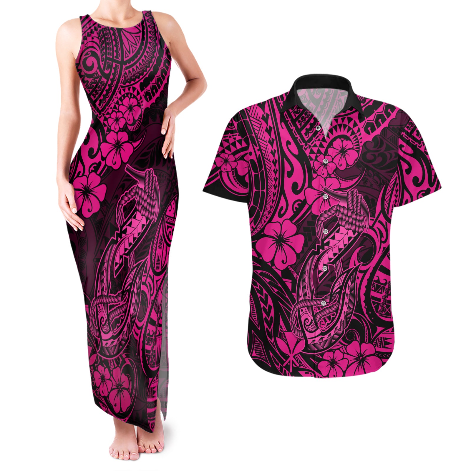 Hawaii Fish Hook Couples Matching Tank Maxi Dress and Hawaiian Shirt Hibiscus Hawaii Tribal Tattoo Pink Version LT01 Pink - Polynesian Pride