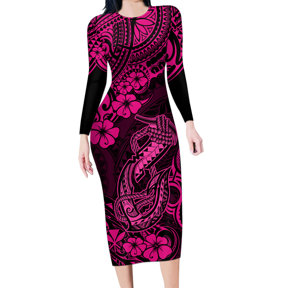 Hawaii Fish Hook Family Matching Long Sleeve Bodycon Dress and Hawaiian Shirt Hibiscus Hawaii Tribal Tattoo Pink Version LT01 Mom's Dress Pink - Polynesian Pride