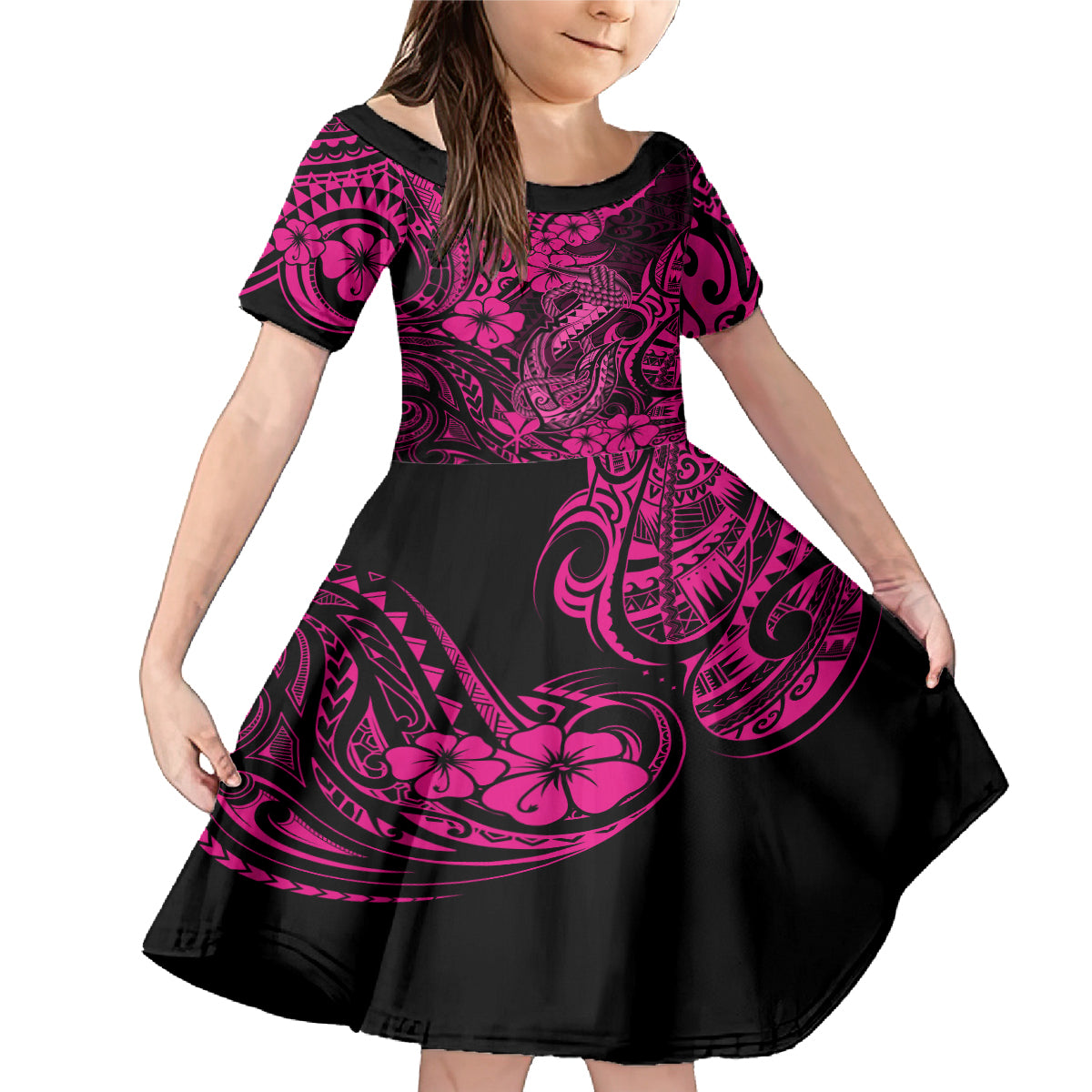 Hawaii Fish Hook Family Matching Mermaid Dress and Hawaiian Shirt Hibiscus Hawaii Tribal Tattoo Pink Version LT01 Daughter's Dress Pink - Polynesian Pride