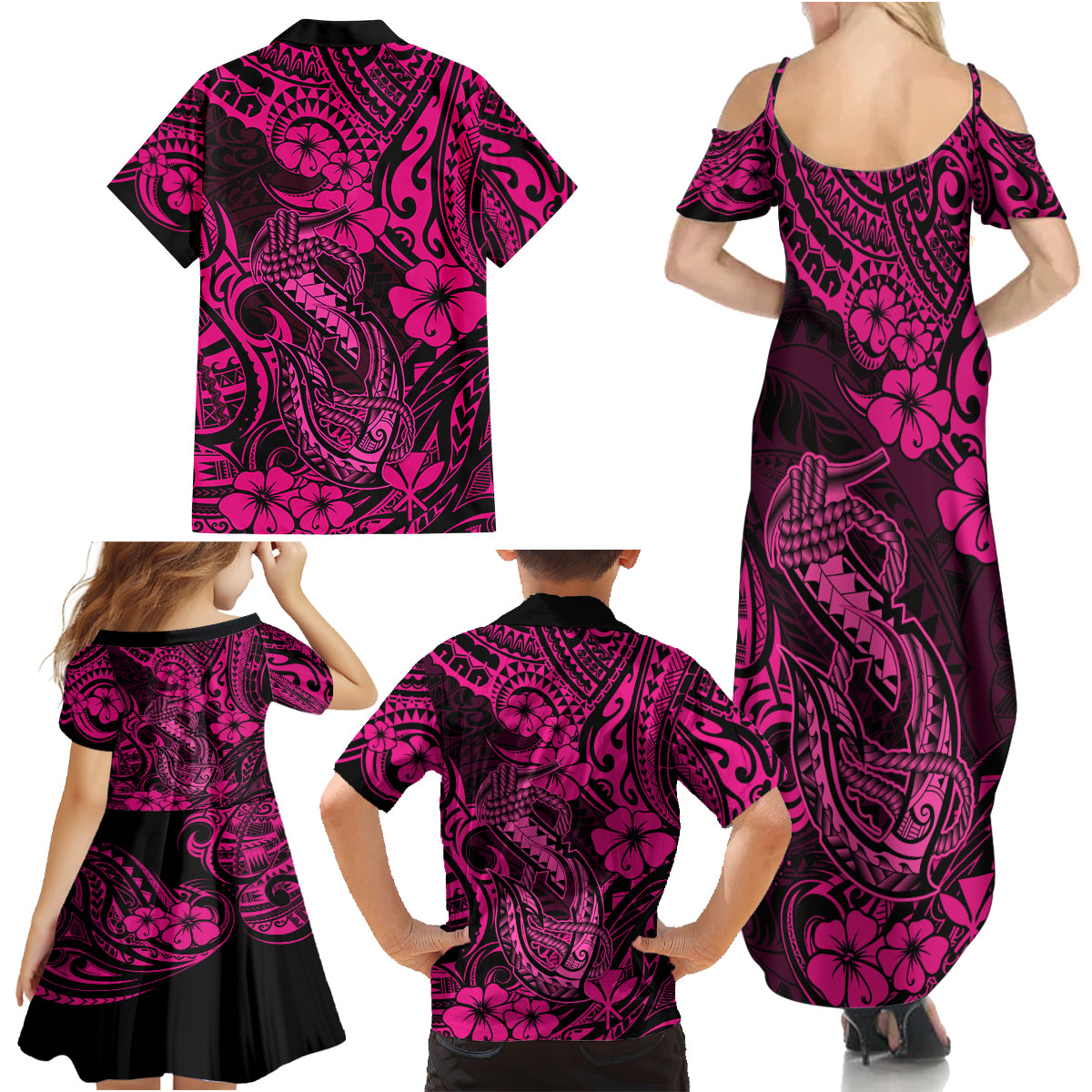 Hawaii Fish Hook Family Matching Summer Maxi Dress and Hawaiian Shirt Hibiscus Hawaii Tribal Tattoo Pink Version LT01 - Polynesian Pride