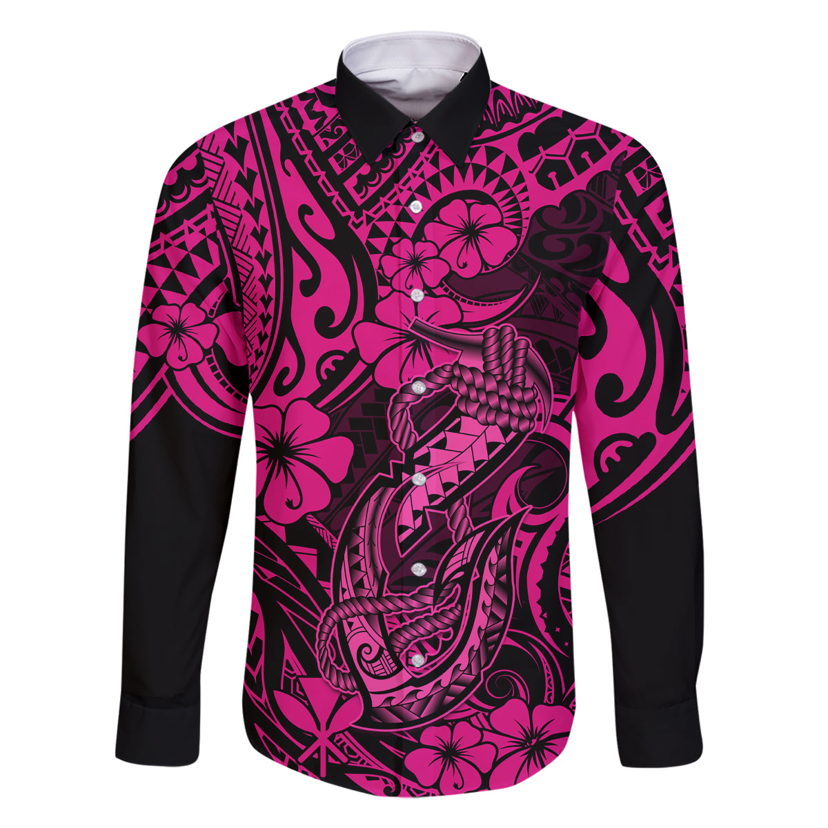 Hawaii Fish Hook Family Matching Summer Maxi Dress and Hawaiian Shirt Hibiscus Hawaii Tribal Tattoo Pink Version LT01 Dad's Shirt - Long Sleeve Pink - Polynesian Pride