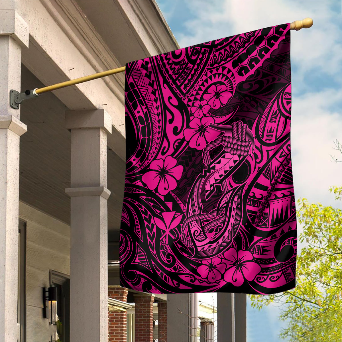 Hawaii Fish Hook Garden Flag Hibiscus Hawaii Tribal Tattoo Pink Version LT01 House Flag Pink - Polynesian Pride