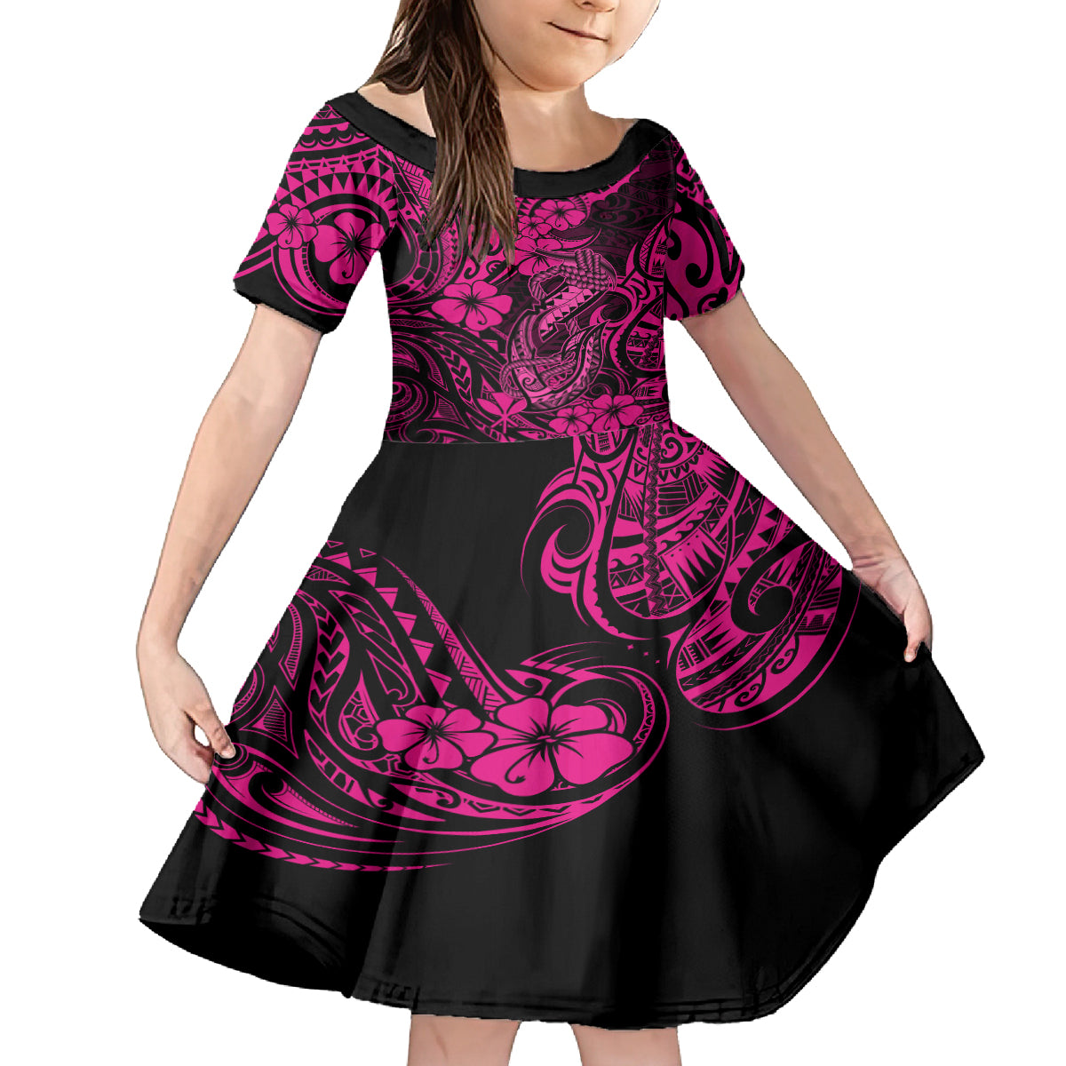 Hawaii Fish Hook Kid Short Sleeve Dress Hibiscus Hawaii Tribal Tattoo Pink Version LT01 KID Pink - Polynesian Pride