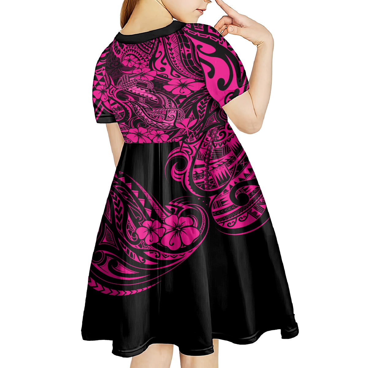 Hawaii Fish Hook Kid Short Sleeve Dress Hibiscus Hawaii Tribal Tattoo Pink Version LT01 - Polynesian Pride