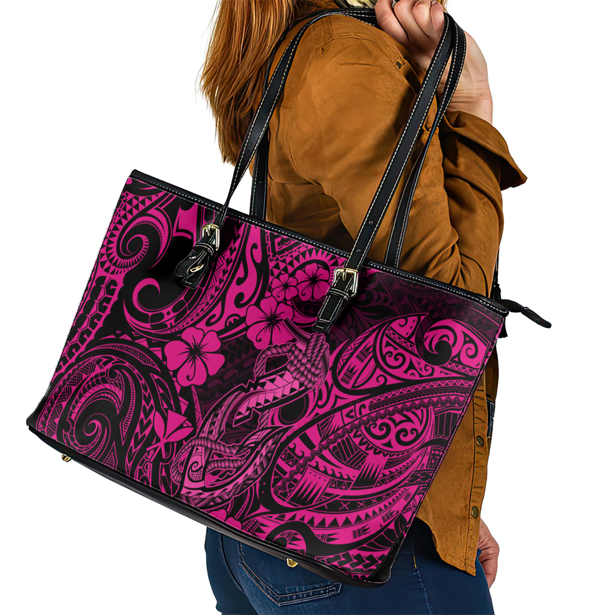Hawaii Fish Hook Leather Tote Bag Hibiscus Hawaii Tribal Tattoo Pink Version LT01 - Polynesian Pride