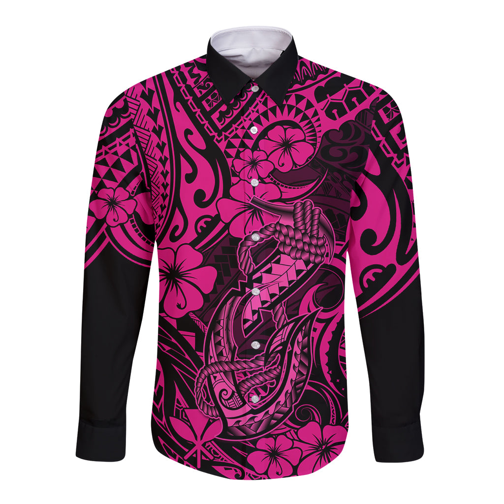 Hawaii Fish Hook Long Sleeve Button Shirt Hibiscus Hawaii Tribal Tattoo Pink Version LT01 Unisex Pink - Polynesian Pride