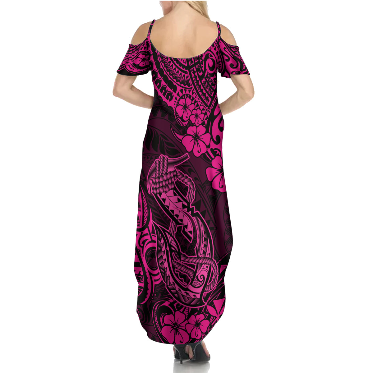 Hawaii Fish Hook Summer Maxi Dress Hibiscus Hawaii Tribal Tattoo Pink Version LT01 - Polynesian Pride