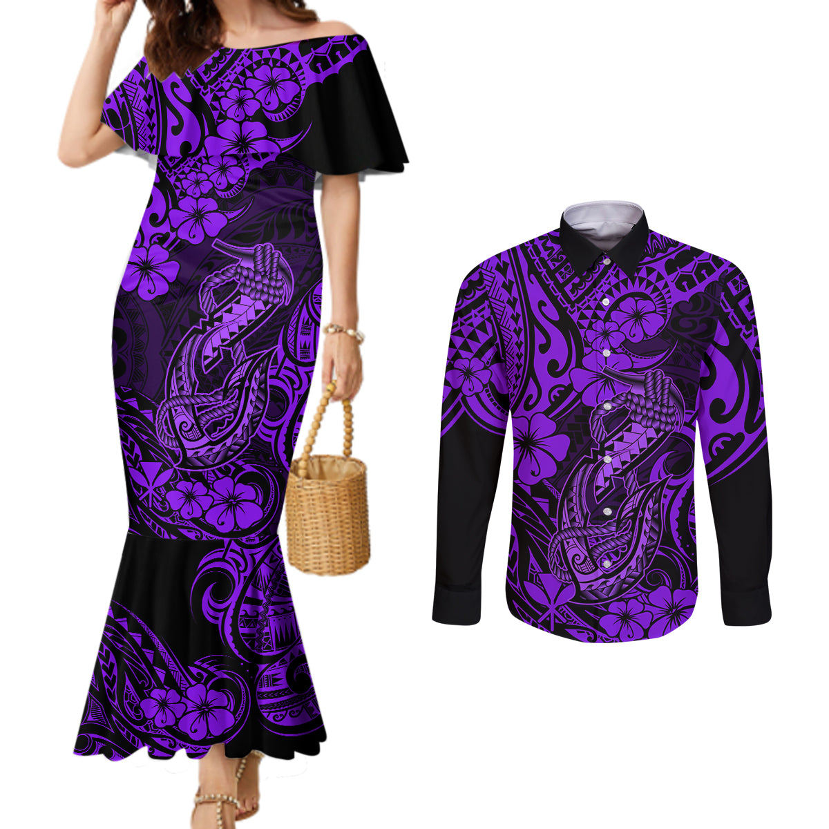 Hawaii Fish Hook Couples Matching Mermaid Dress and Long Sleeve Button Shirts Hibiscus Hawaii Tribal Tattoo Purple Version LT01 Purple - Polynesian Pride