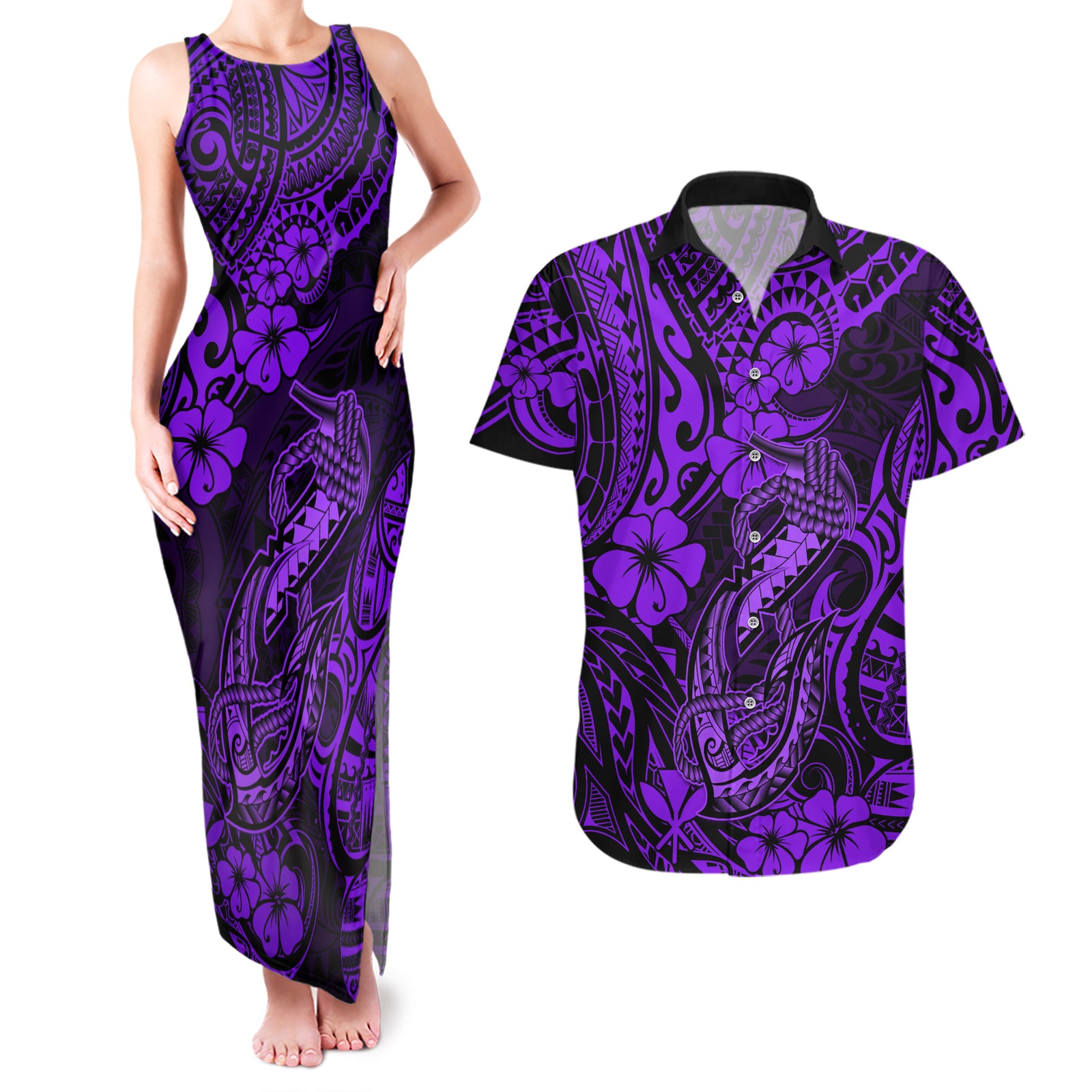 Hawaii Fish Hook Couples Matching Tank Maxi Dress and Hawaiian Shirt Hibiscus Hawaii Tribal Tattoo Purple Version LT01 Purple - Polynesian Pride