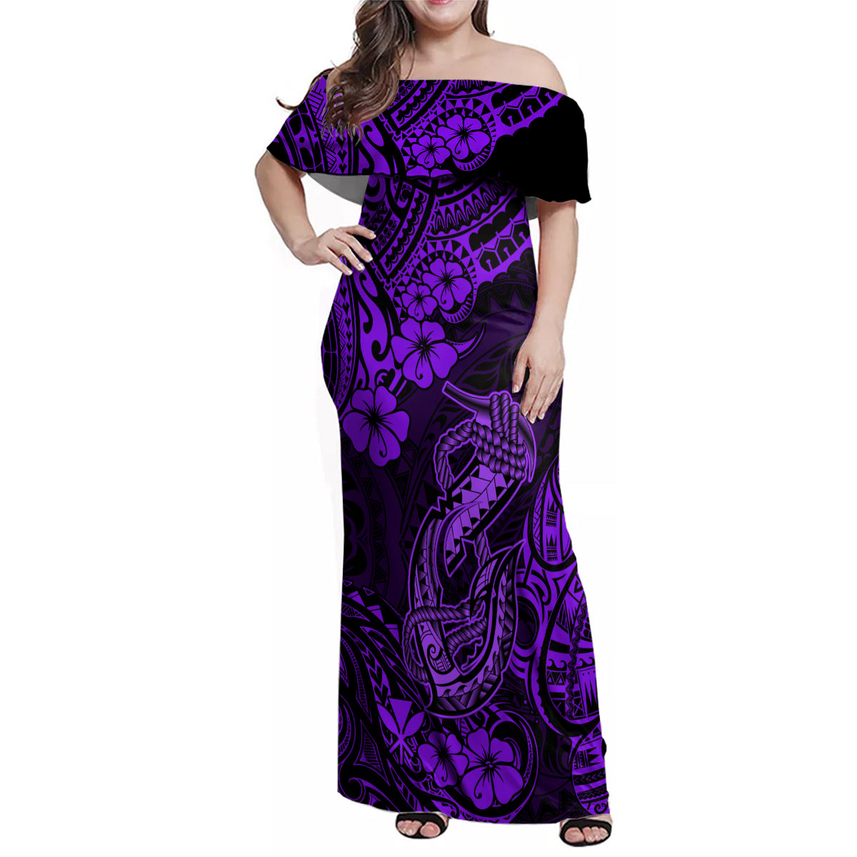 Hawaii Fish Hook Family Matching Off Shoulder Maxi Dress and Hawaiian Shirt Hibiscus Hawaii Tribal Tattoo Purple Version LT01 Mom's Dress Purple - Polynesian Pride