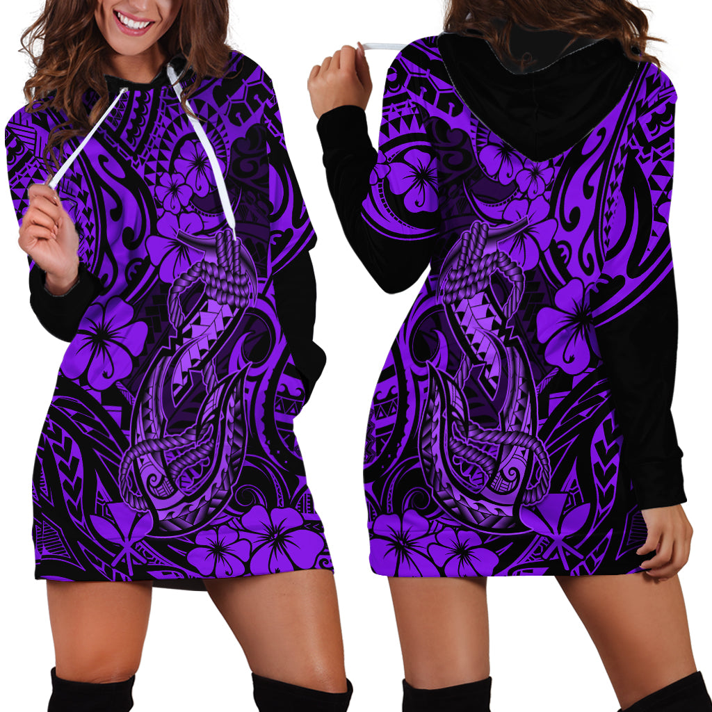 Hawaii Fish Hook Hoodie Dress Hibiscus Hawaii Tribal Tattoo Purple Version LT01 - Polynesian Pride