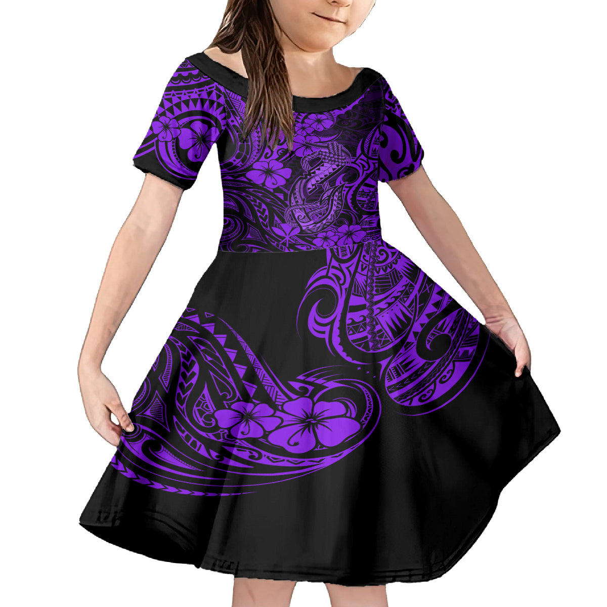 Hawaii Fish Hook Kid Short Sleeve Dress Hibiscus Hawaii Tribal Tattoo Purple Version LT01 KID Purple - Polynesian Pride