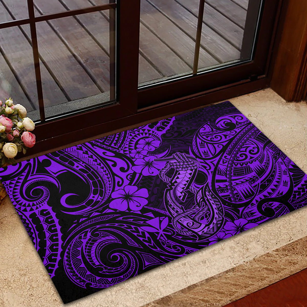 Hawaii Fish Hook Rubber Doormat Hibiscus Hawaii Tribal Tattoo Purple Version LT01 - Polynesian Pride