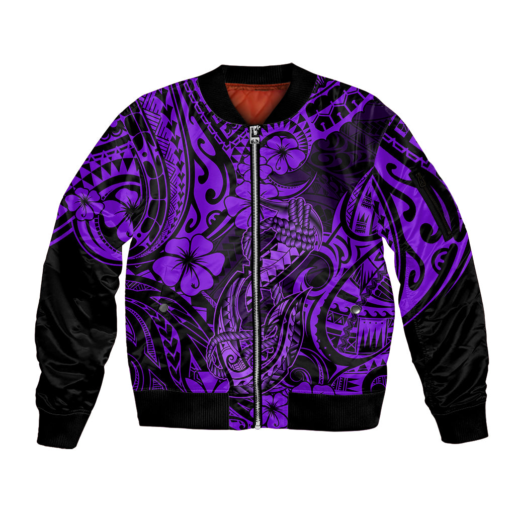 Hawaii Fish Hook Sleeve Zip Bomber Jacket Hibiscus Hawaii Tribal Tattoo Purple Version LT01 Unisex Purple - Polynesian Pride
