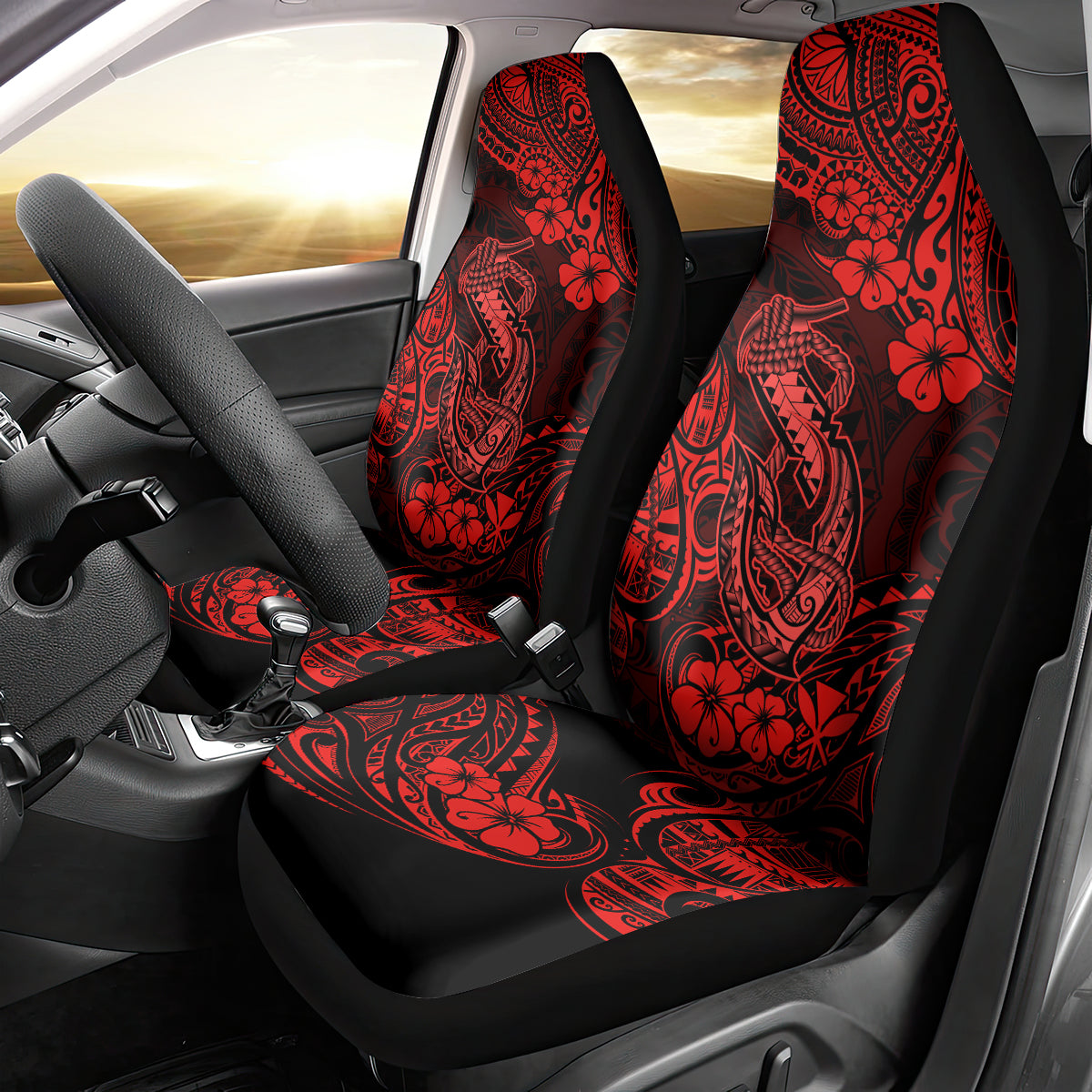 Hawaii Fish Hook Car Seat Cover Hibiscus Hawaii Tribal Tattoo Red Version LT01 - Polynesian Pride