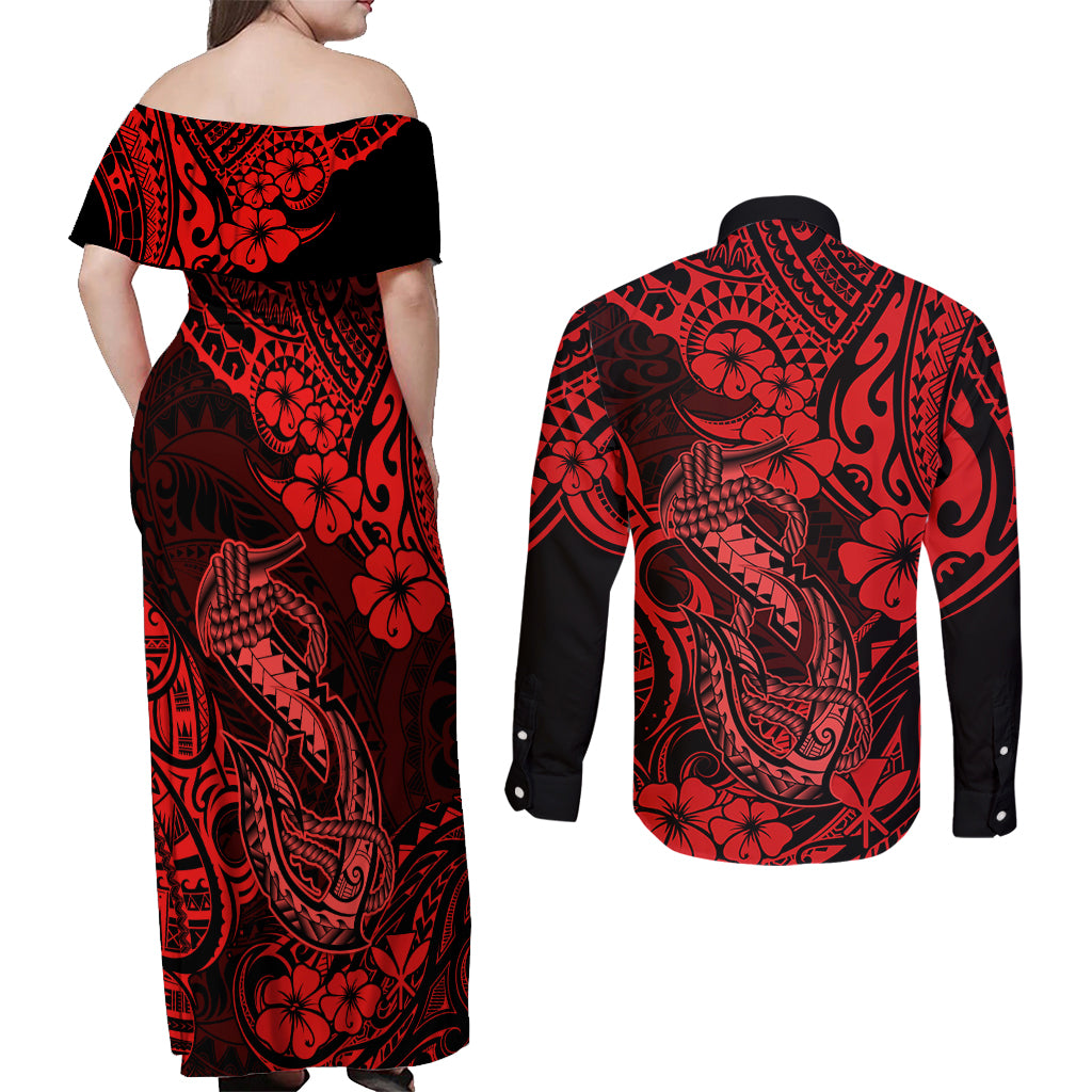 Hawaii Fish Hook Couples Matching Off Shoulder Maxi Dress and Long Sleeve Button Shirts Hibiscus Hawaii Tribal Tattoo Red Version LT01 - Polynesian Pride