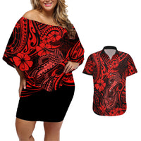 Hawaii Fish Hook Couples Matching Off Shoulder Short Dress and Hawaiian Shirt Hibiscus Hawaii Tribal Tattoo Red Version LT01 Red - Polynesian Pride