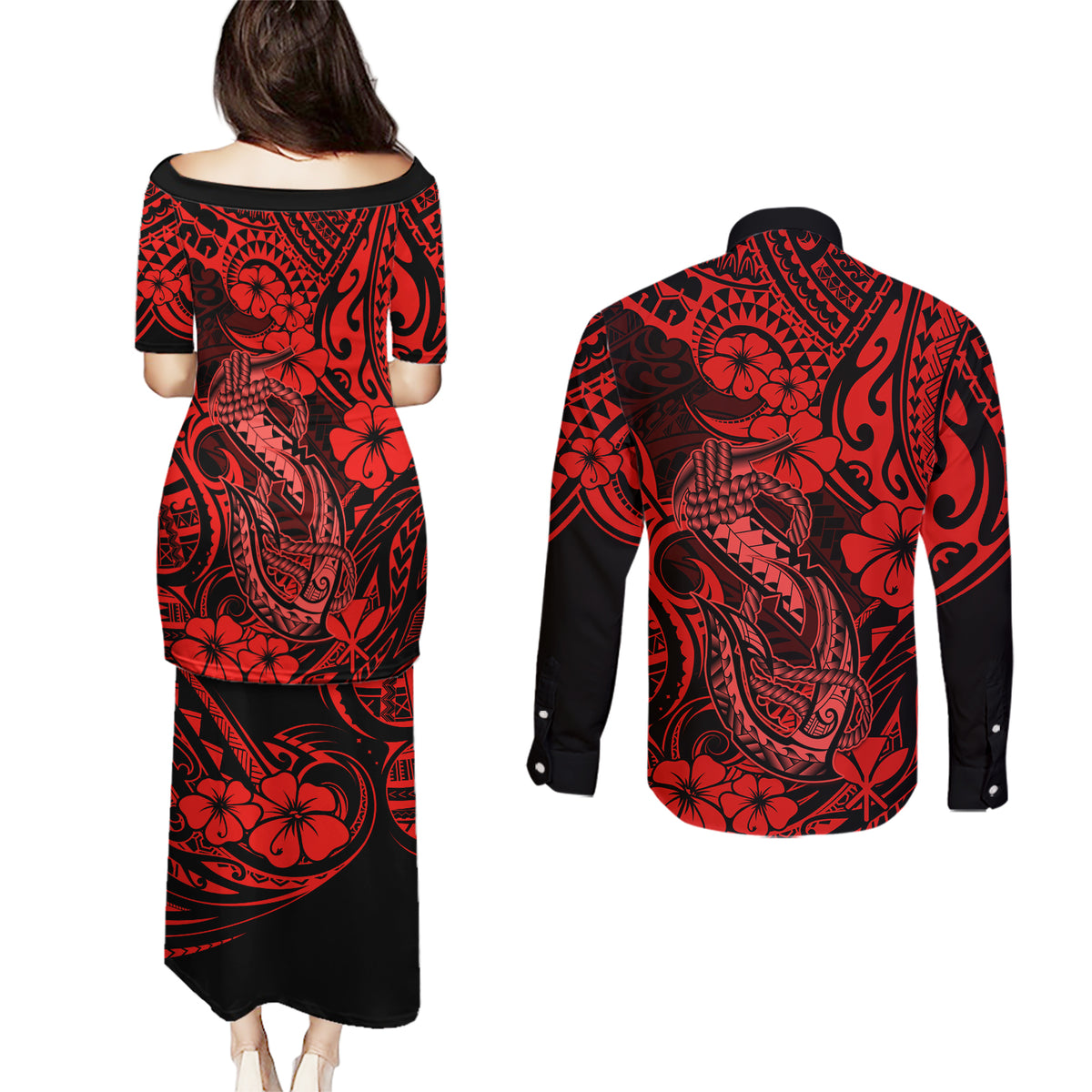 Hawaii Fish Hook Couples Matching Puletasi Dress and Long Sleeve Button Shirts Hibiscus Hawaii Tribal Tattoo Red Version LT01 - Polynesian Pride