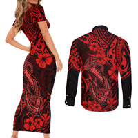 Hawaii Fish Hook Couples Matching Short Sleeve Bodycon Dress and Long Sleeve Button Shirts Hibiscus Hawaii Tribal Tattoo Red Version LT01 - Polynesian Pride