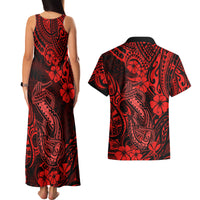Hawaii Fish Hook Couples Matching Tank Maxi Dress and Hawaiian Shirt Hibiscus Hawaii Tribal Tattoo Red Version LT01 - Polynesian Pride