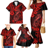 Hawaii Fish Hook Family Matching Mermaid Dress and Hawaiian Shirt Hibiscus Hawaii Tribal Tattoo Red Version LT01 - Polynesian Pride