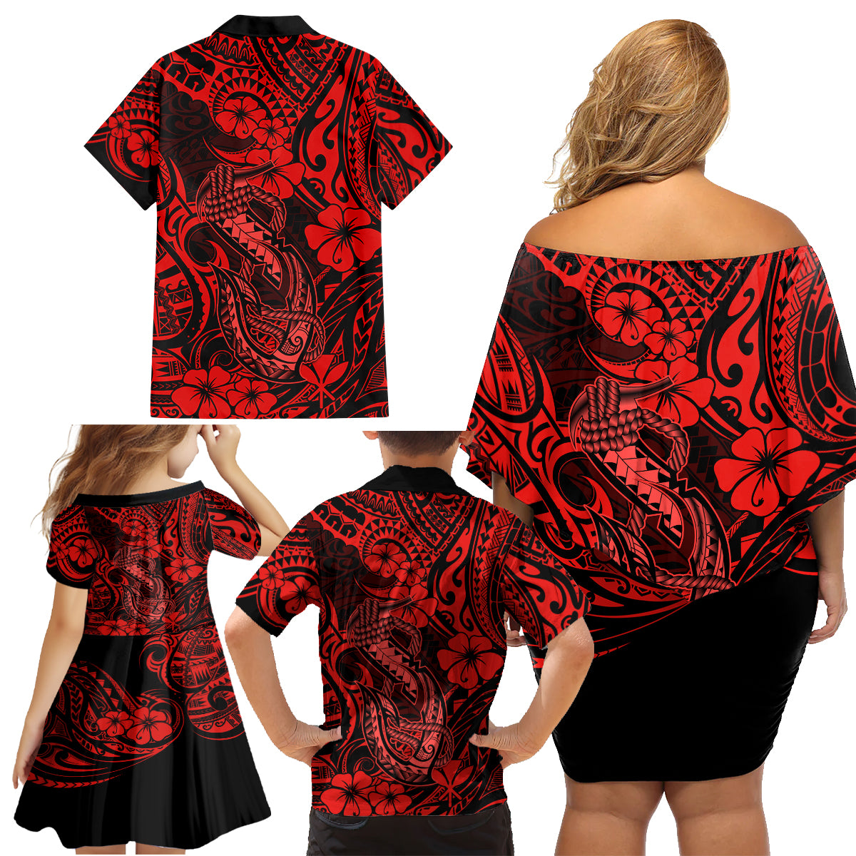 Hawaii Fish Hook Family Matching Off Shoulder Short Dress and Hawaiian Shirt Hibiscus Hawaii Tribal Tattoo Red Version LT01 - Polynesian Pride