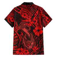 Hawaii Fish Hook Family Matching Off Shoulder Short Dress and Hawaiian Shirt Hibiscus Hawaii Tribal Tattoo Red Version LT01 - Polynesian Pride