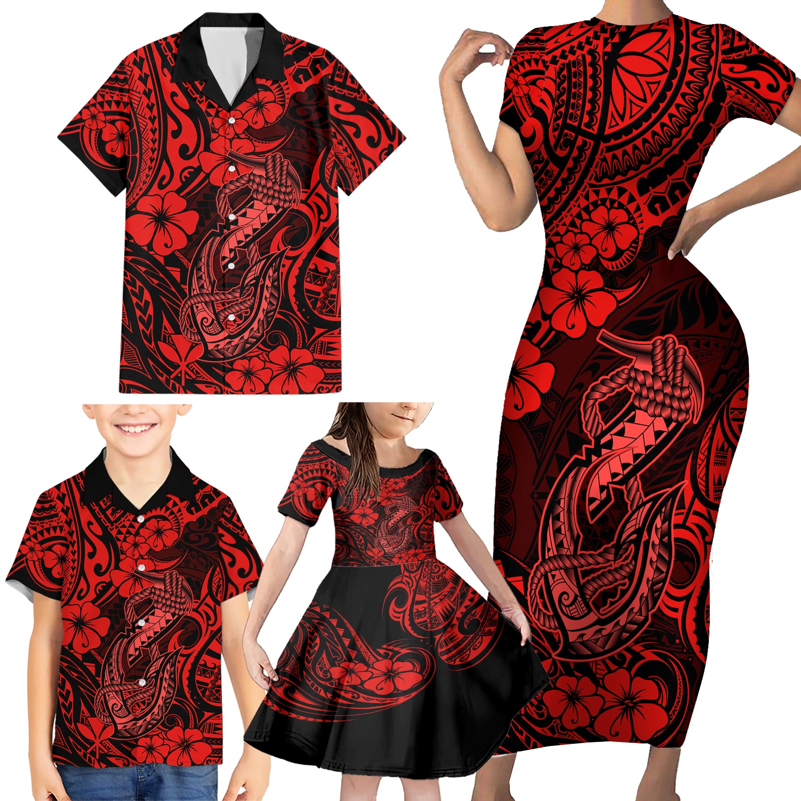 Hawaii Fish Hook Family Matching Short Sleeve Bodycon Dress and Hawaiian Shirt Hibiscus Hawaii Tribal Tattoo Red Version LT01 - Polynesian Pride