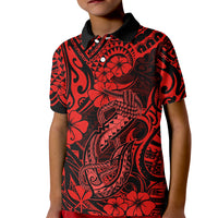 Hawaii Fish Hook Kid Polo Shirt Hibiscus Hawaii Tribal Tattoo Red Version LT01 Kid Red - Polynesian Pride