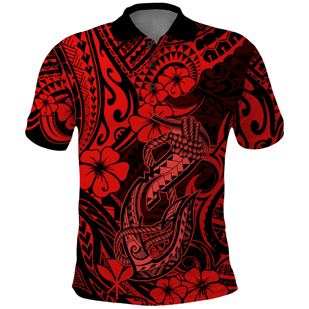 Hawaii Fish Hook Polo Shirt Hibiscus Hawaii Tribal Tattoo Red Version LT01 Red - Polynesian Pride
