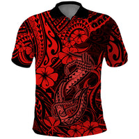 Hawaii Fish Hook Polo Shirt Hibiscus Hawaii Tribal Tattoo Red Version LT01 Red - Polynesian Pride