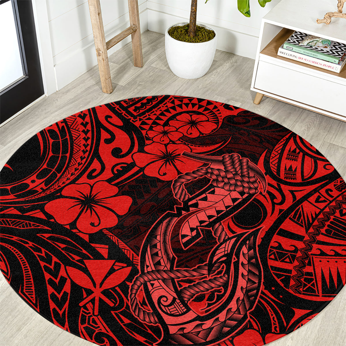Hawaii Fish Hook Round Carpet Hibiscus Hawaii Tribal Tattoo Red Version LT01 Red - Polynesian Pride