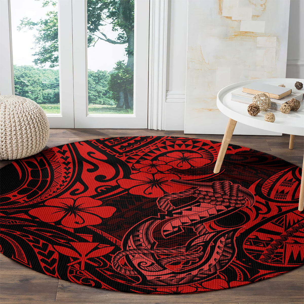 Hawaii Fish Hook Round Carpet Hibiscus Hawaii Tribal Tattoo Red Version LT01 - Polynesian Pride