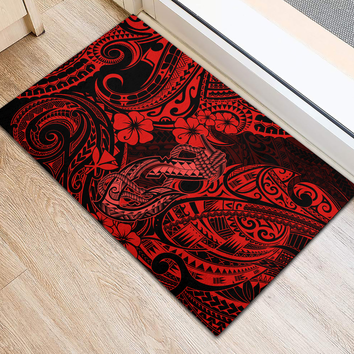 Hawaii Fish Hook Rubber Doormat Hibiscus Hawaii Tribal Tattoo Red Version LT01 - Polynesian Pride