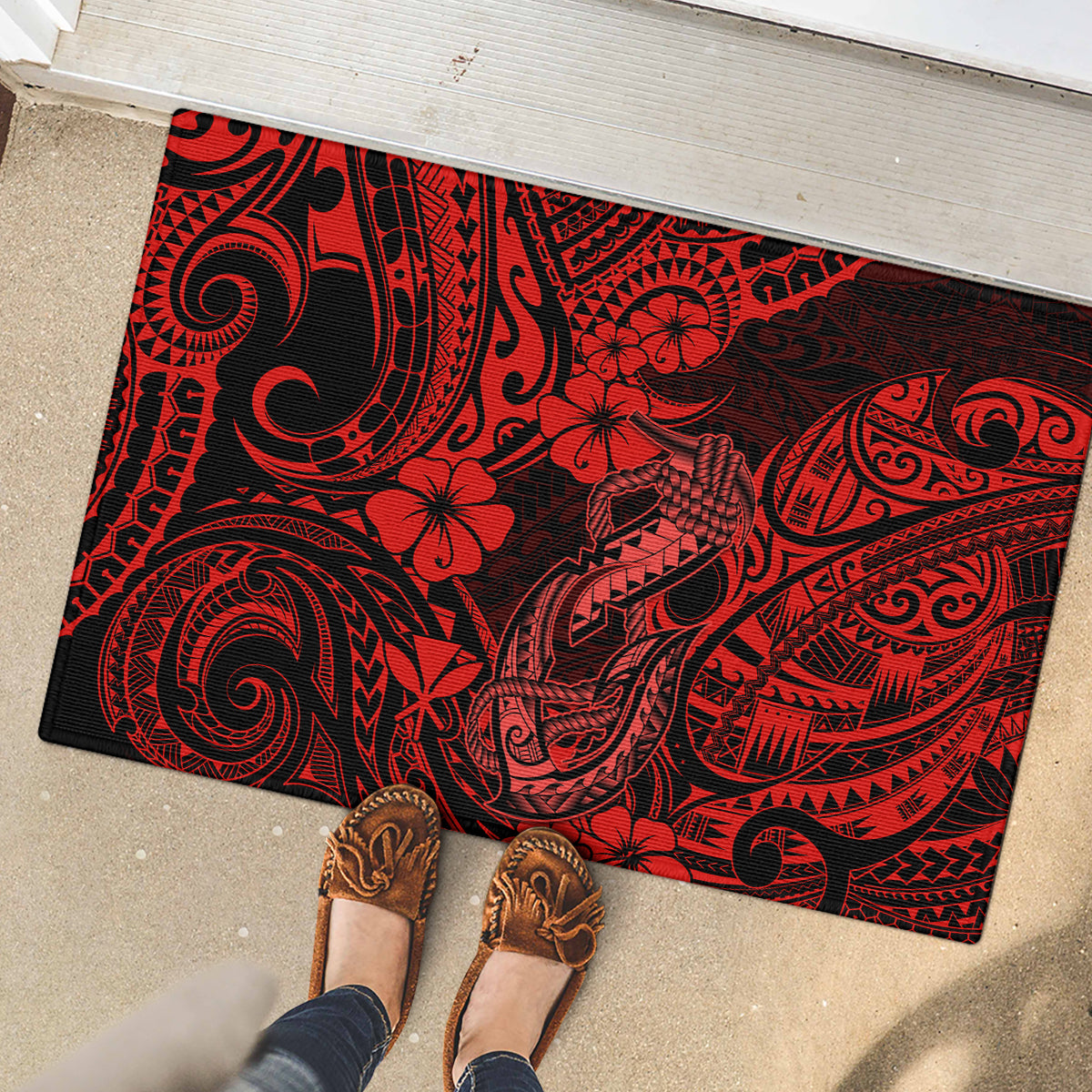 Hawaii Fish Hook Rubber Doormat Hibiscus Hawaii Tribal Tattoo Red Version LT01 - Polynesian Pride