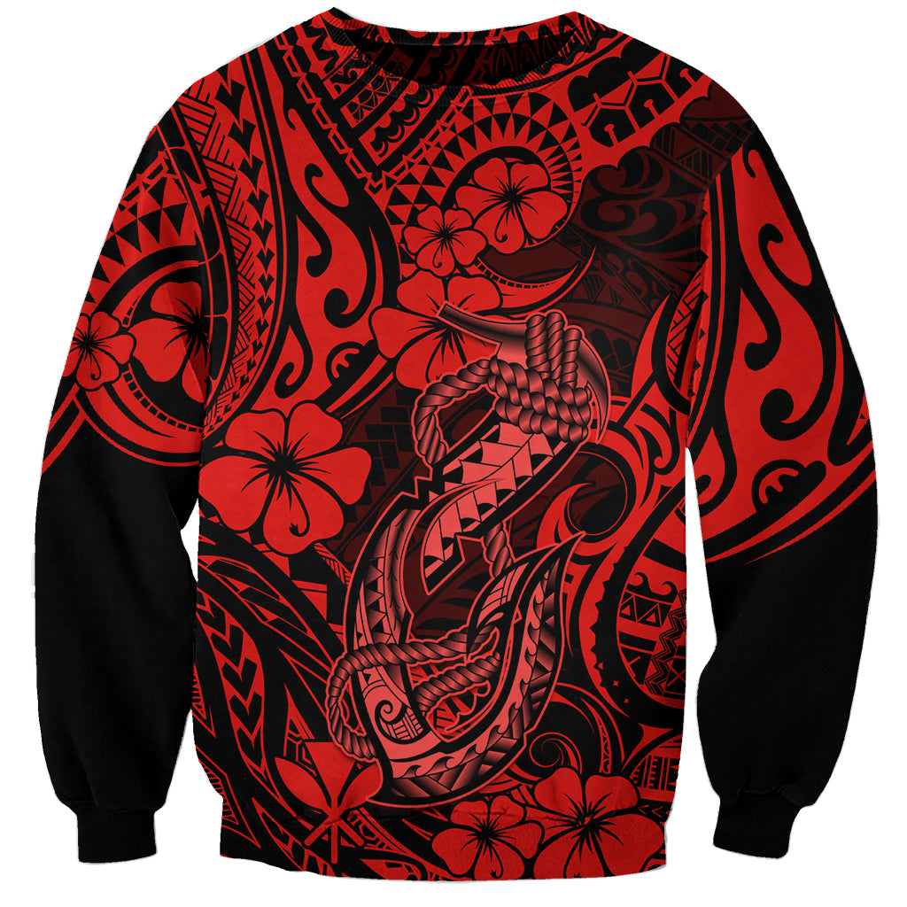Hawaii Fish Hook Sweatshirt Hibiscus Hawaii Tribal Tattoo Red Version LT01 Unisex Red - Polynesian Pride