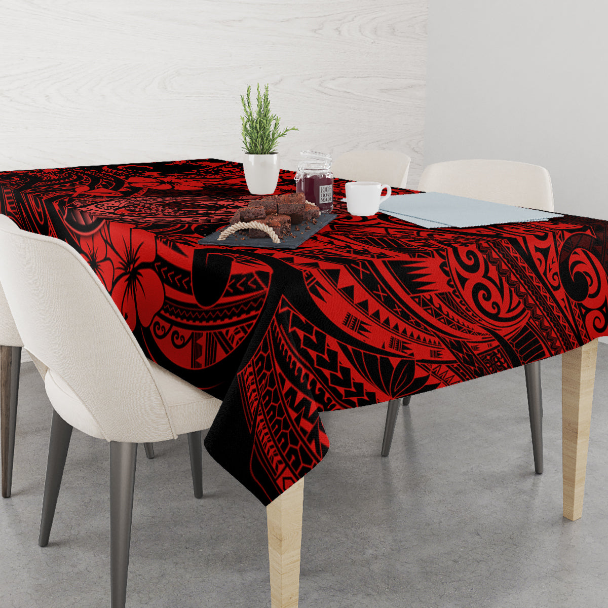 Hawaii Fish Hook Tablecloth Hibiscus Hawaii Tribal Tattoo Red Version LT01 - Polynesian Pride