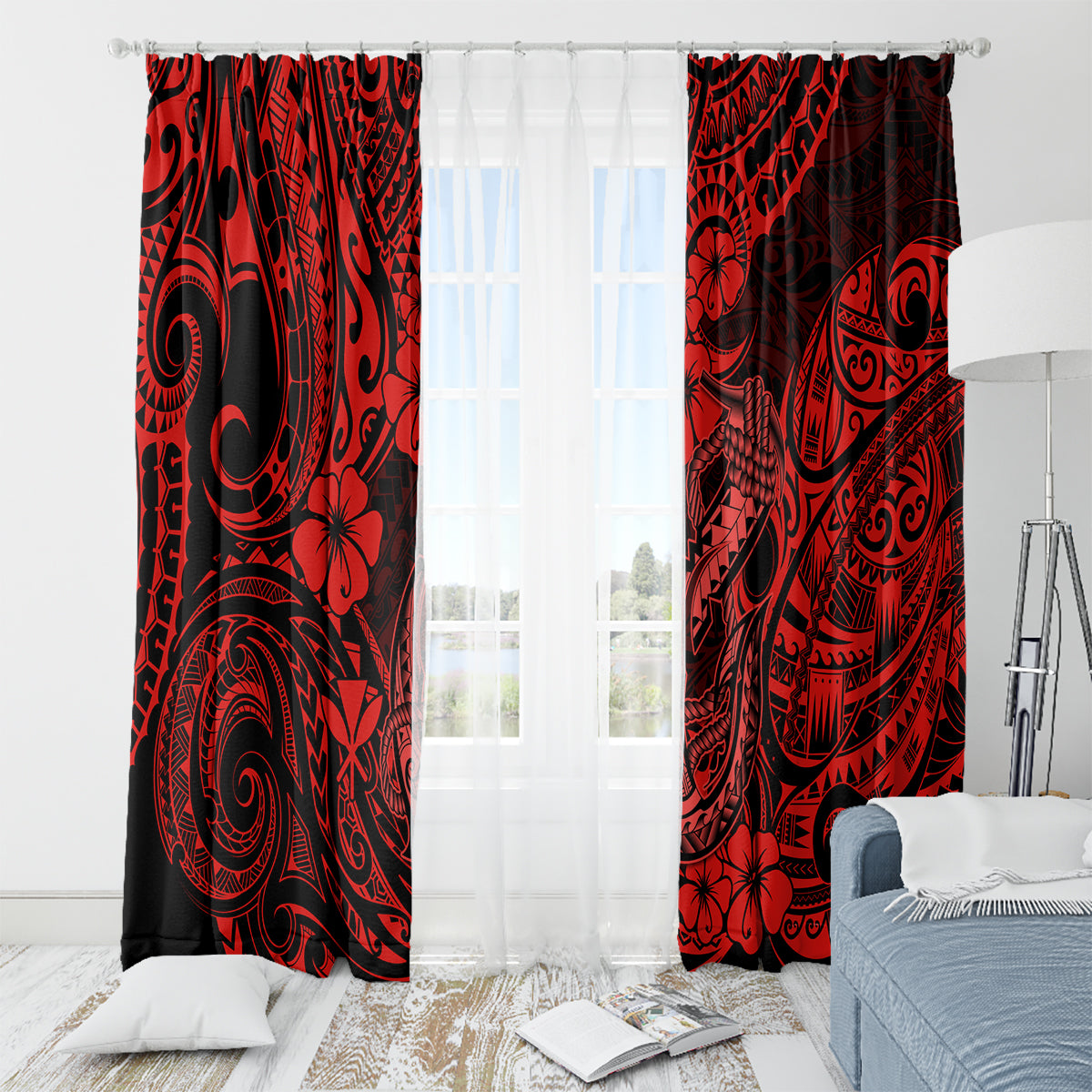 Hawaii Fish Hook Window Curtain Hibiscus Hawaii Tribal Tattoo Red Version LT01 - Polynesian Pride