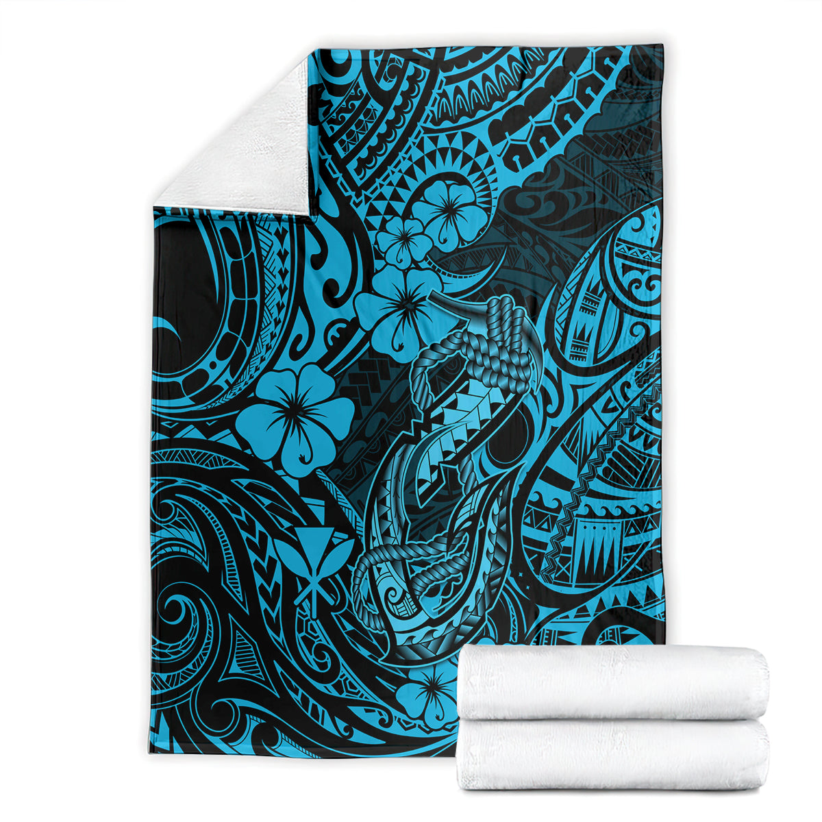 Hawaii Fish Hook Blanket Hibiscus Hawaii Tribal Tattoo Sky Blue Version LT01 - Polynesian Pride
